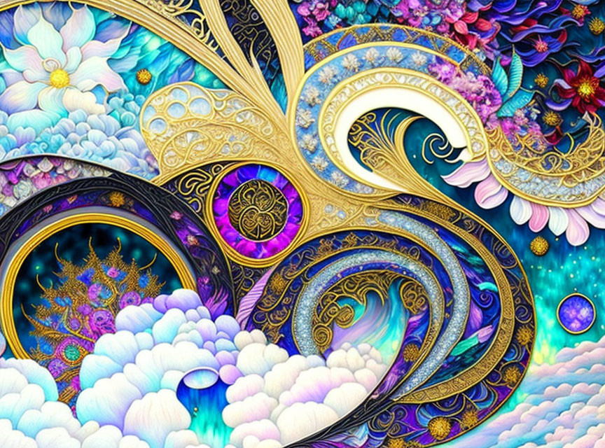 Colorful Abstract Image: Floral Patterns, Swirling Designs, Cosmic Elements