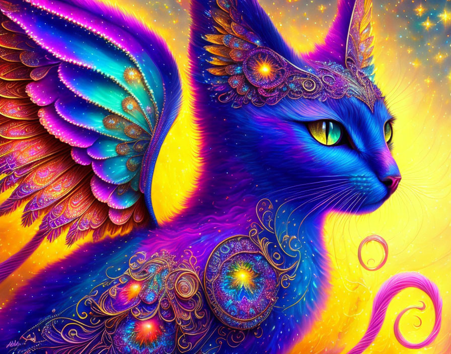 Colorful mystical blue cat with cosmic wings and ornate patterns on starry background