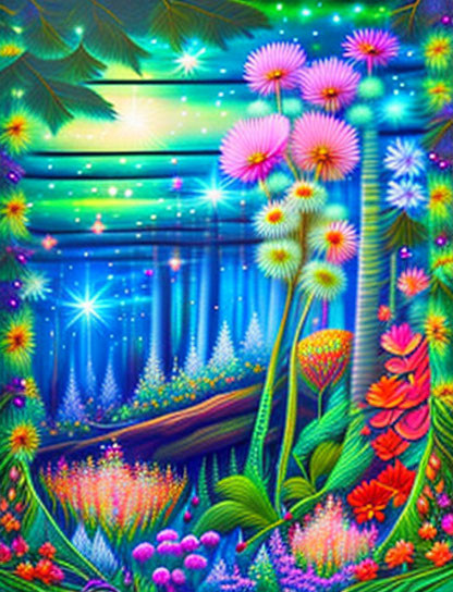 Neon-colored mystical forest illustration with radiant flowers and glowing lights