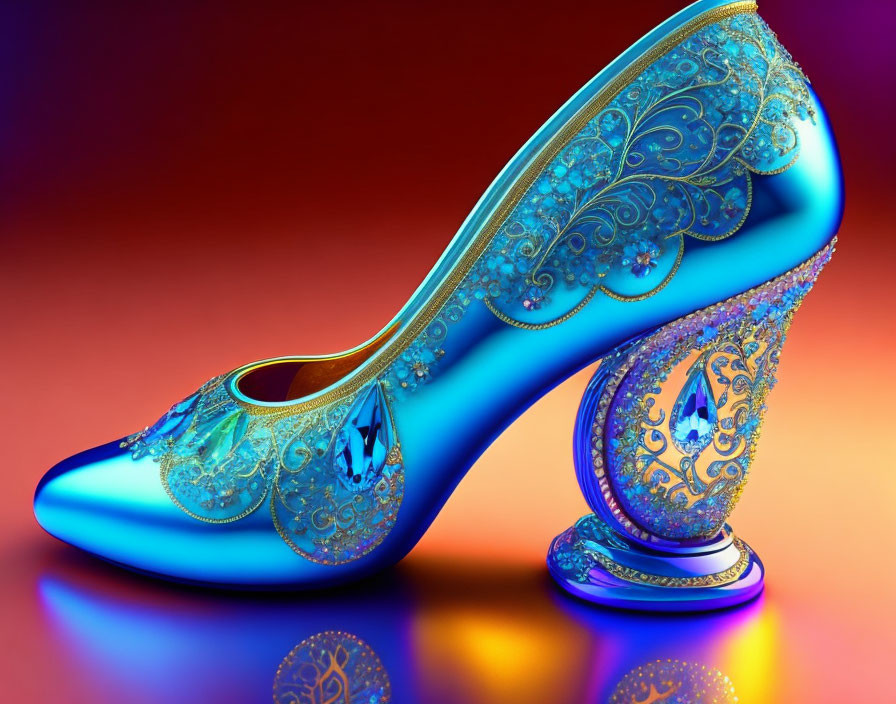 Blue High-Heeled Shoe with Golden Filigree on Colorful Background