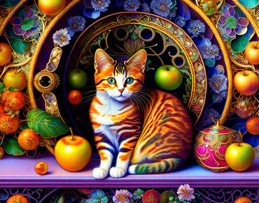 Colorful Cat Artwork Surrounded by Fruits and Ornate Decor