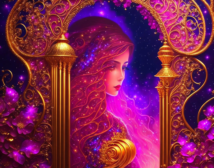 Surreal digital art: Woman with pink hair and cosmic theme surrounded by golden ornate details.