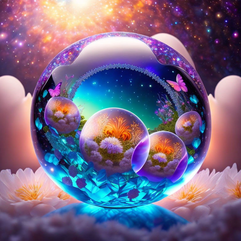 Colorful digital artwork: cosmic crystal ball, floral orbs, petals, starry background