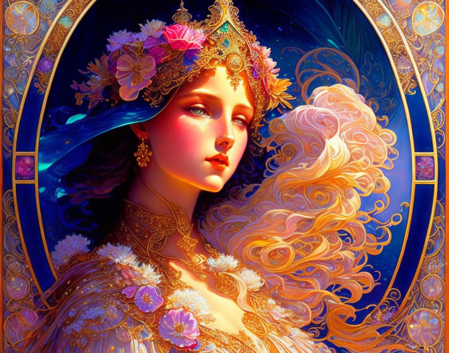 Fantasy illustration of woman with floral tiara and crescent moon.