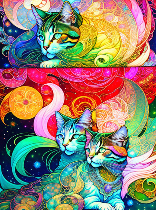 Colorful Artwork: Galaxy Pattern Cats in Psychedelic Setting