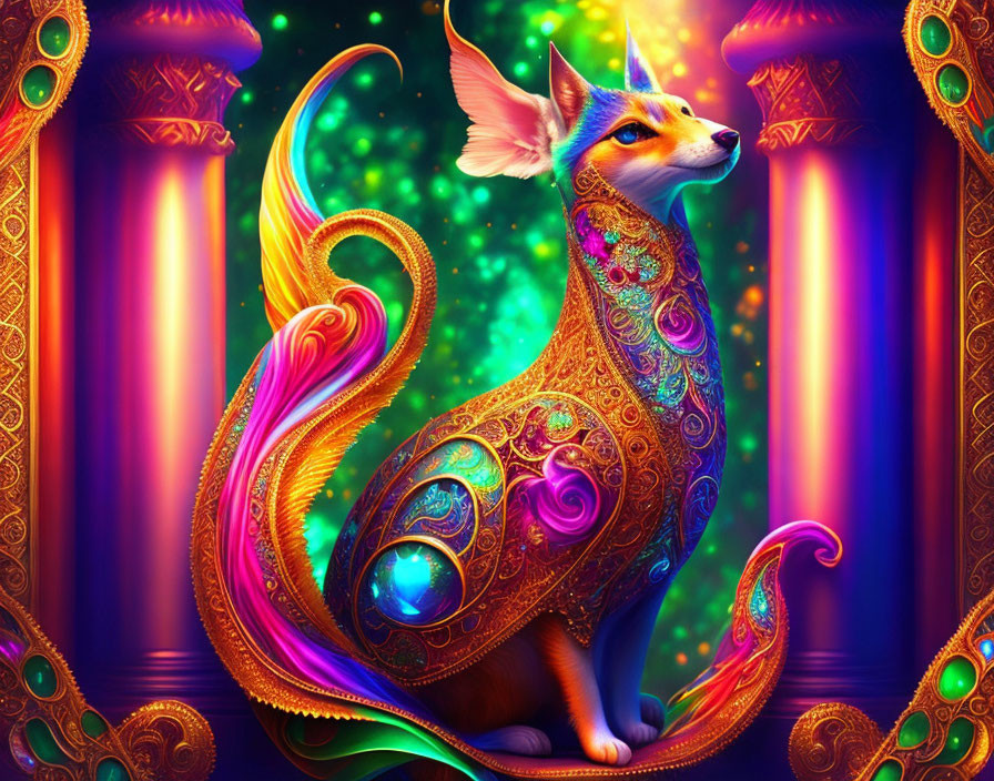 Colorful mythical fox with jewel on side against luminous background.