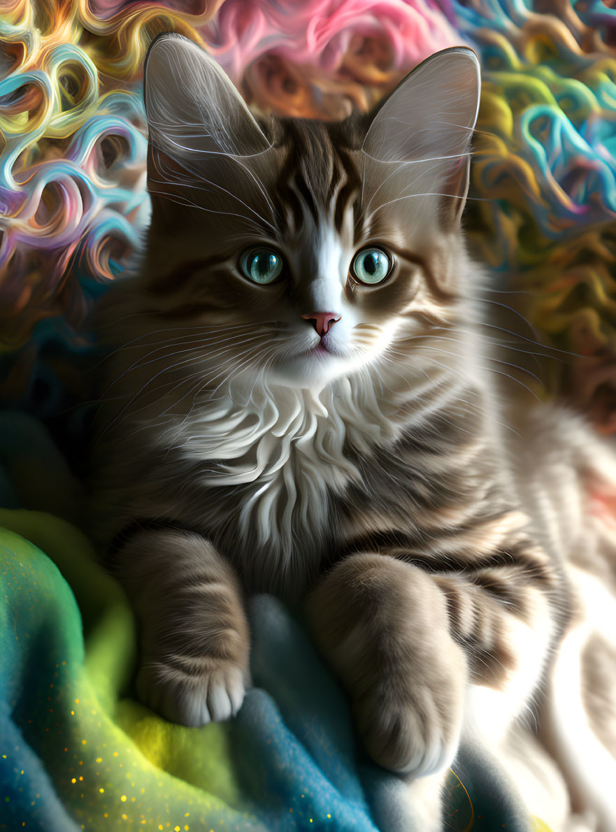 Fluffy tabby kitten with green eyes on colorful blanket