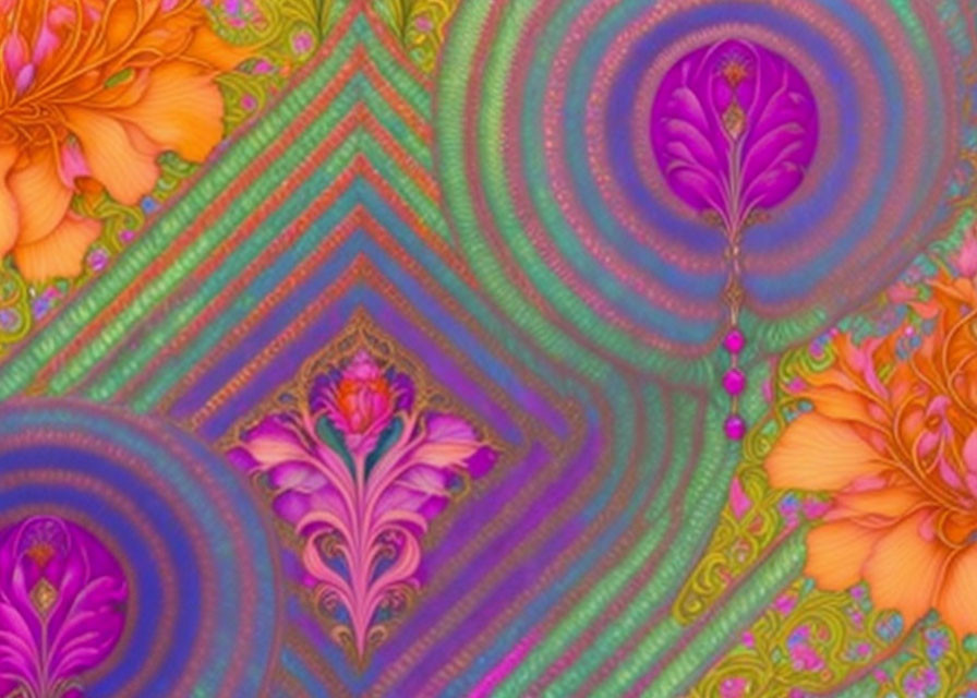 Colorful fractal design with purple, green swirls, chevrons, and orange florals