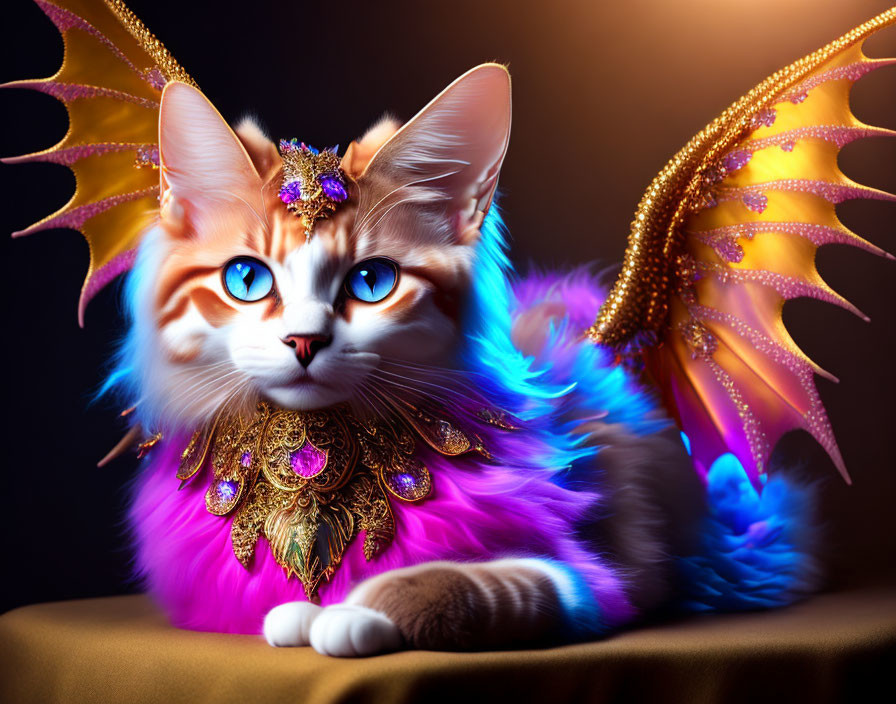 Fantastical Cat with Colorful Fur and Dragon Wings