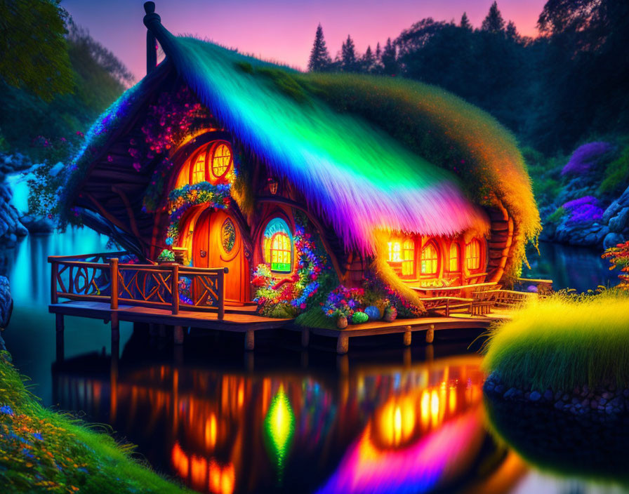 Enchanting fairytale cottage by serene river at dusk