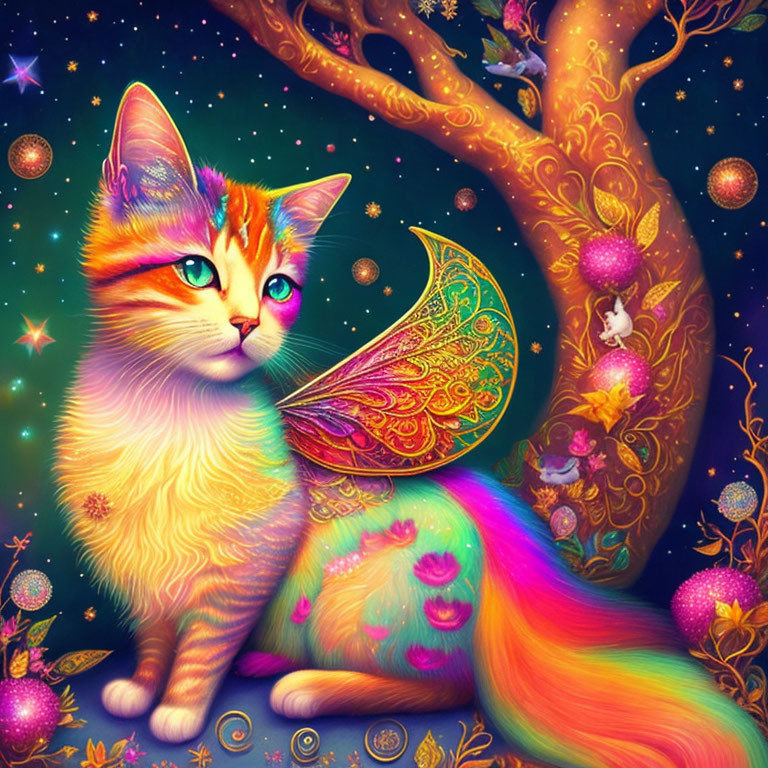 Colorful Cat with Butterfly Wings in Magical Setting