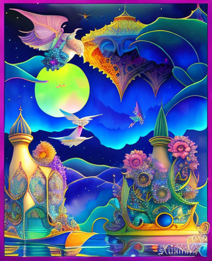 Fantasy illustration: flying creatures, floral towers, moonlit sky