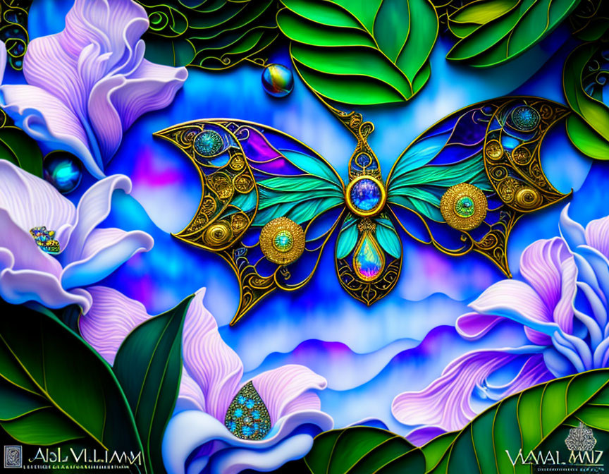 Colorful digital artwork: Stylized butterfly among blue and purple flowers