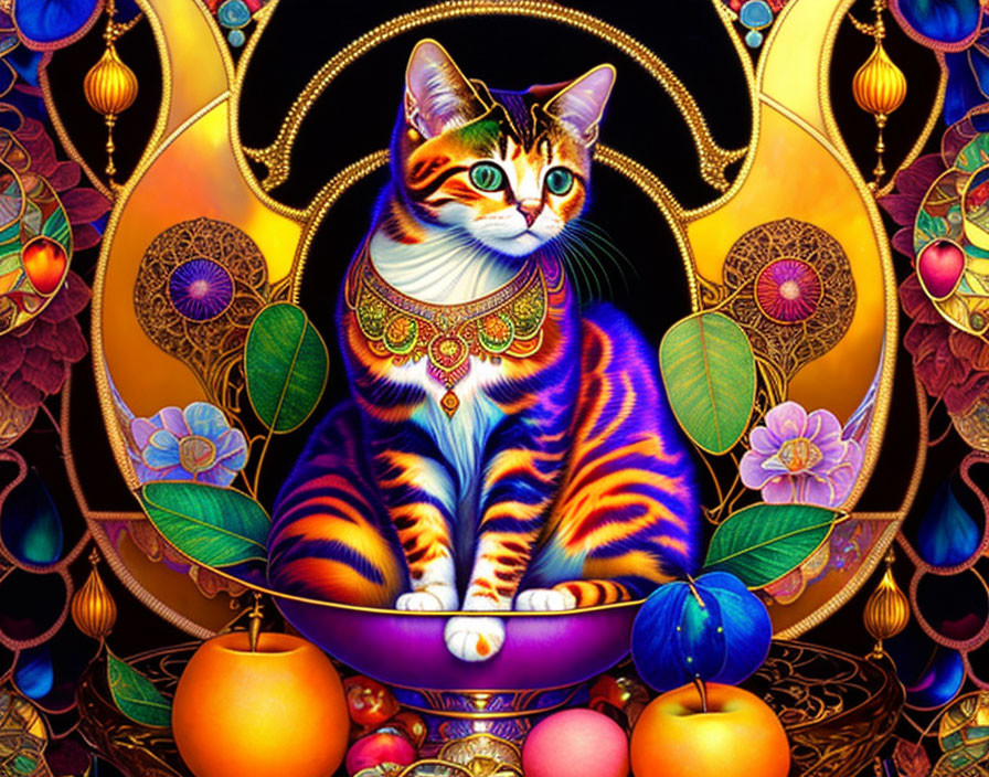 Colorful Cat Illustration with Intricate Patterns and Jewel Necklace in Ornate Environment