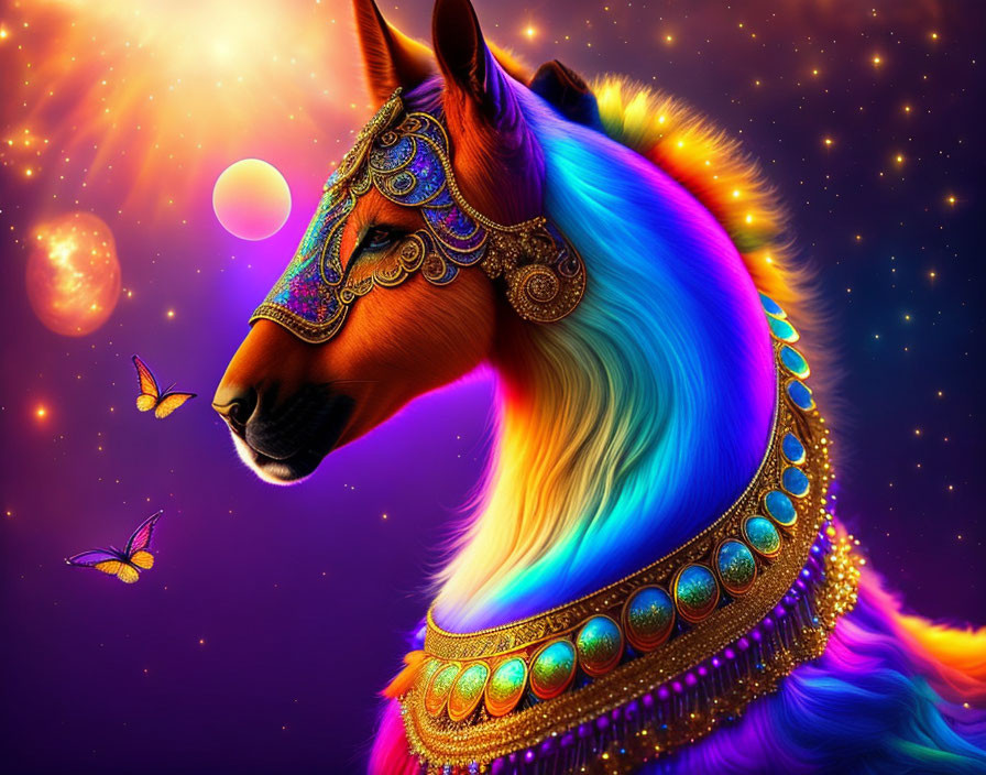 Colorful Horse with Cosmic Background and Jewelry