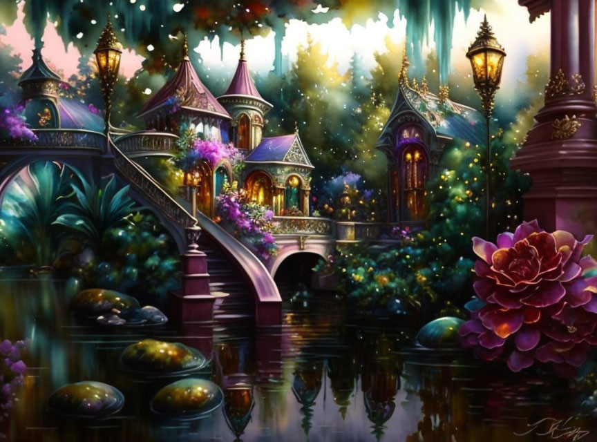 Magical waterfront village with violet architecture and vibrant flora