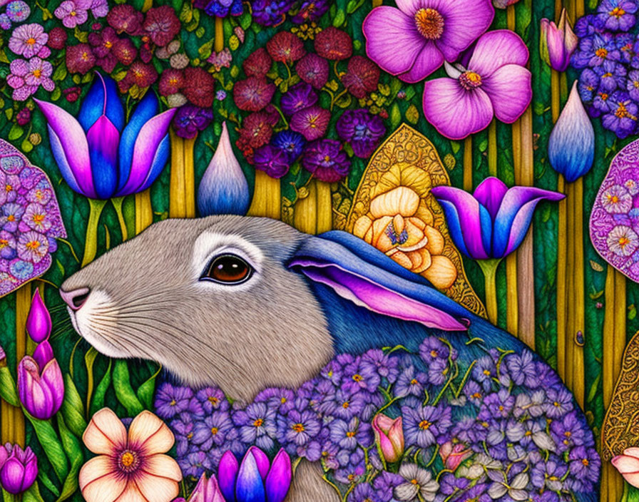 Grey rabbit in vibrant floral setting with wooden backdrop