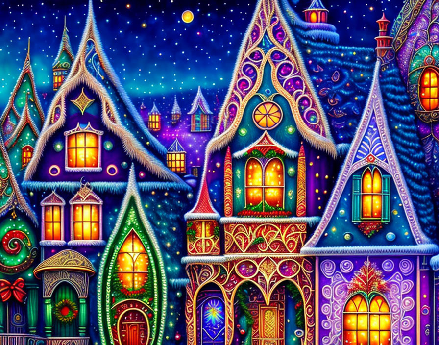 Whimsical houses illustration under starry night sky