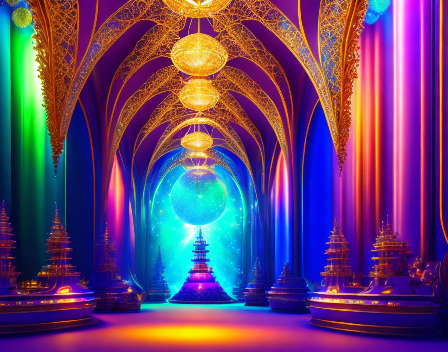 Vibrant corridor with neon lights and glowing orbs in ornate gold arches