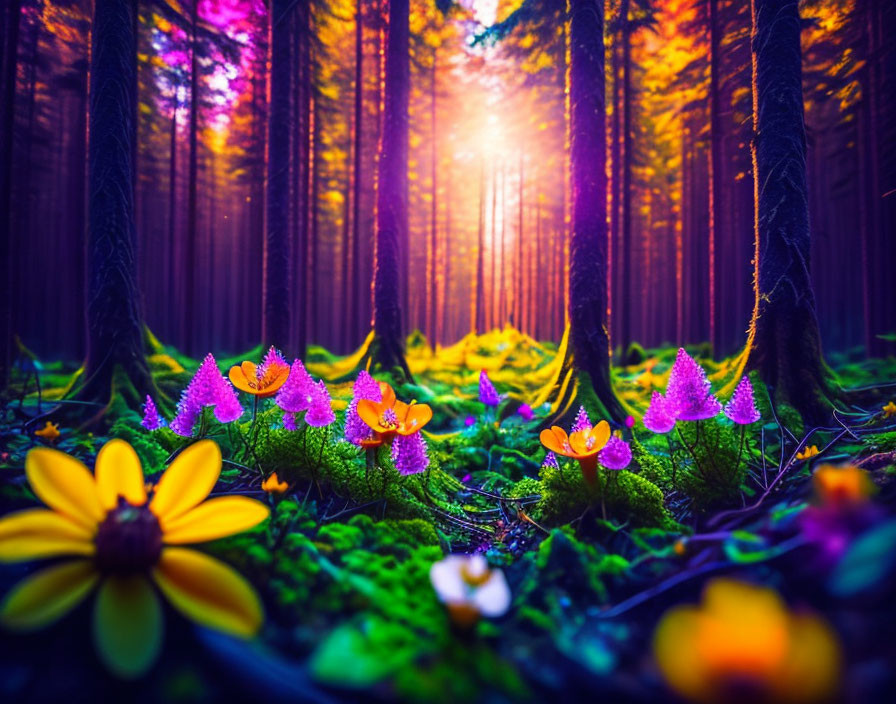 Colorful flowers and sunbeams in vibrant forest scene