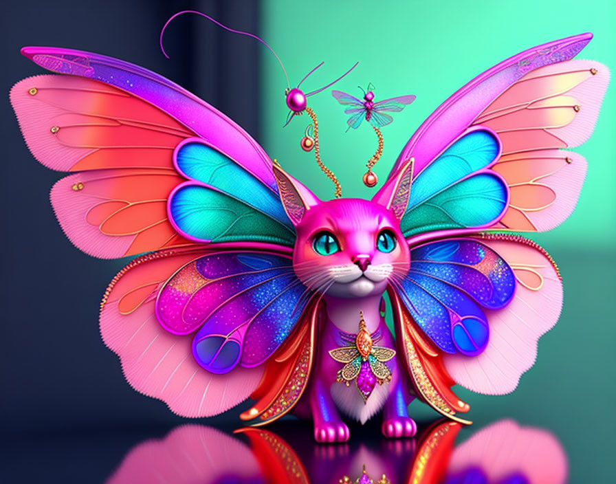 Whimsical Cat-Butterfly Hybrid with Colorful Wings