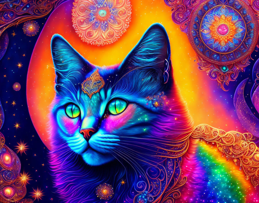 Colorful Psychedelic Cat Illustration with Green Eyes and Mandalas