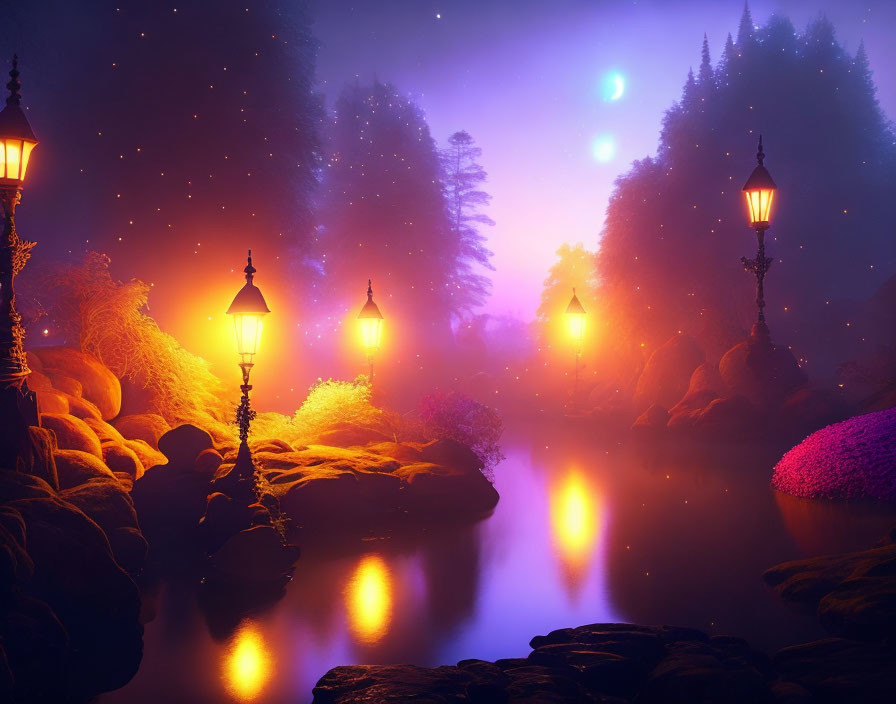 Twilight misty landscape with glowing lanterns by serene river