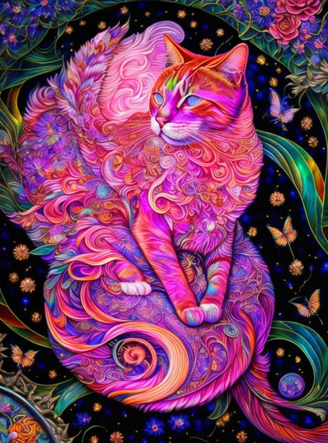 Psychedelic Cat with Floral Patterns in Starry Scene