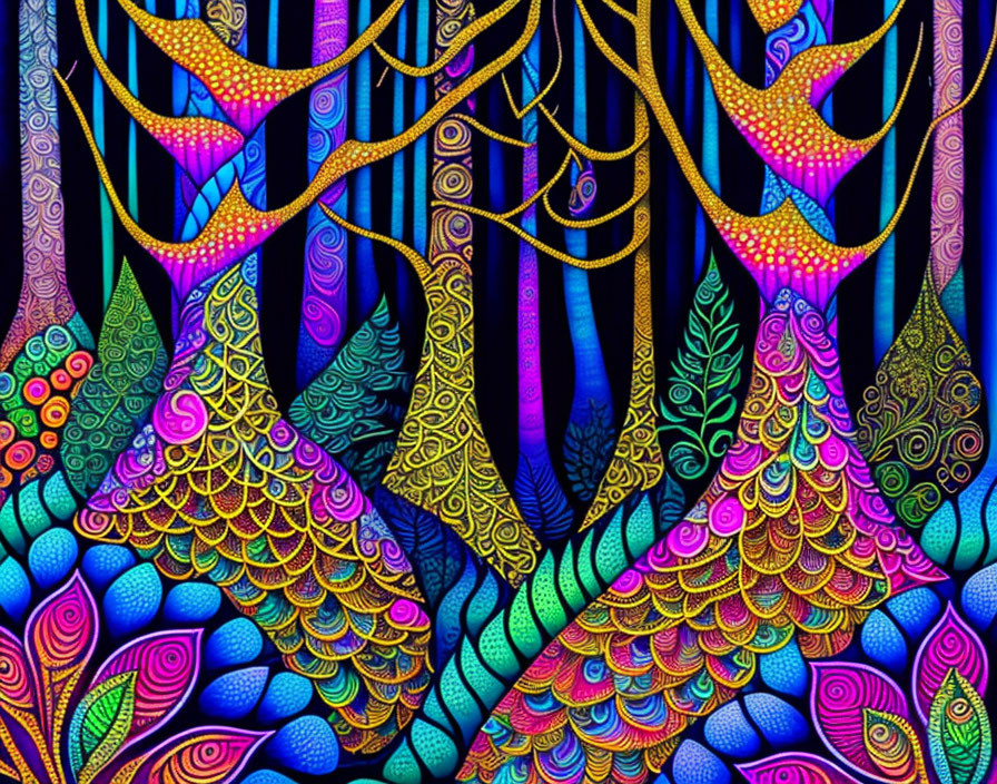 Colorful digital artwork: Psychedelic forest with peacock motifs