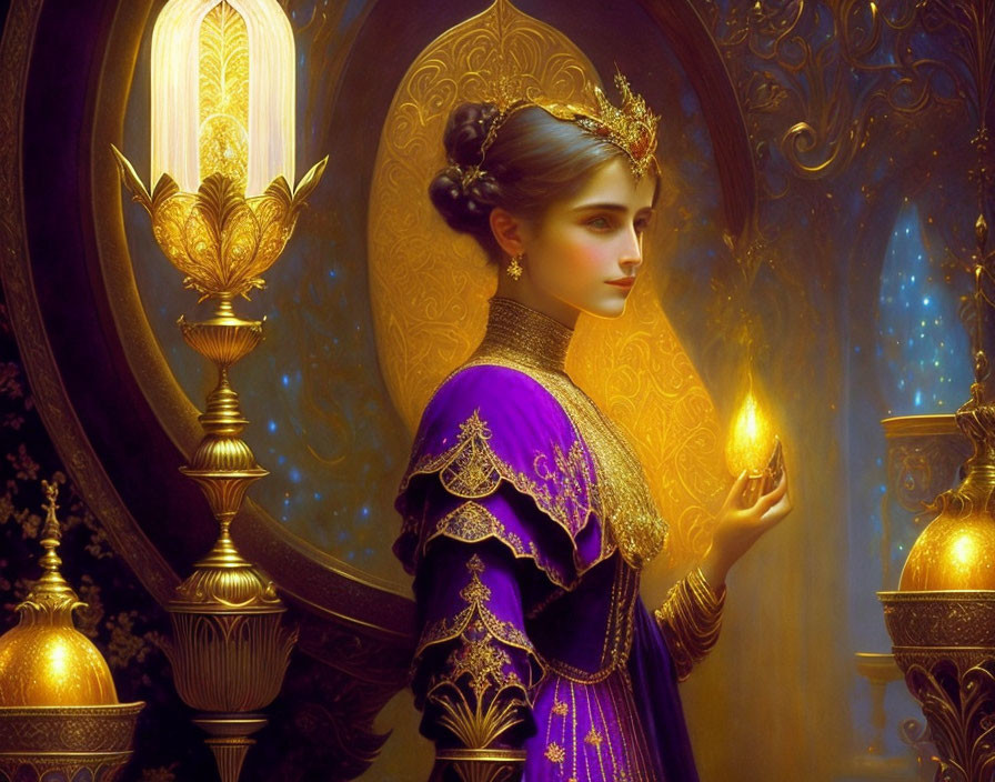 Regal Figure in Opulent Setting with Glowing Orb