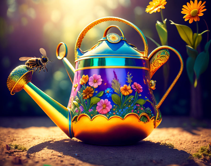 Floral Design Teapot with Bee in Sunlit Garden