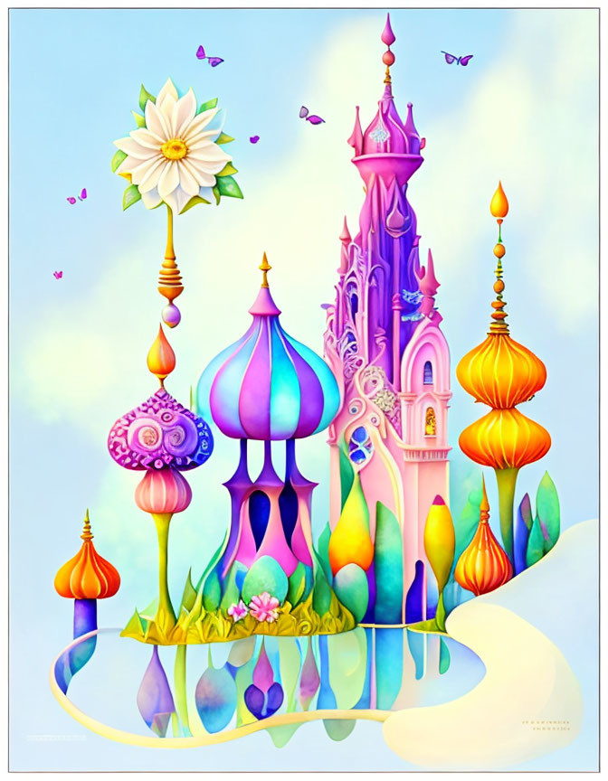 Colorful fairytale castle with flowers and butterflies under blue sky