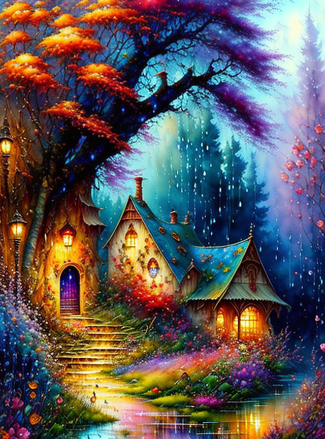 Vibrant fantasy forest artwork: cozy cottage in mystical blue and purple hues