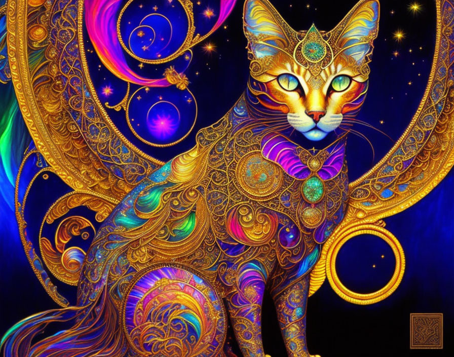 Colorful Stylized Cat Artwork with Cosmic Motifs and Dark Starry Background