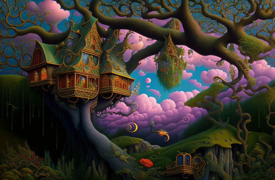 Whimsical Treehouse in a Vibrant Fantasy Tree