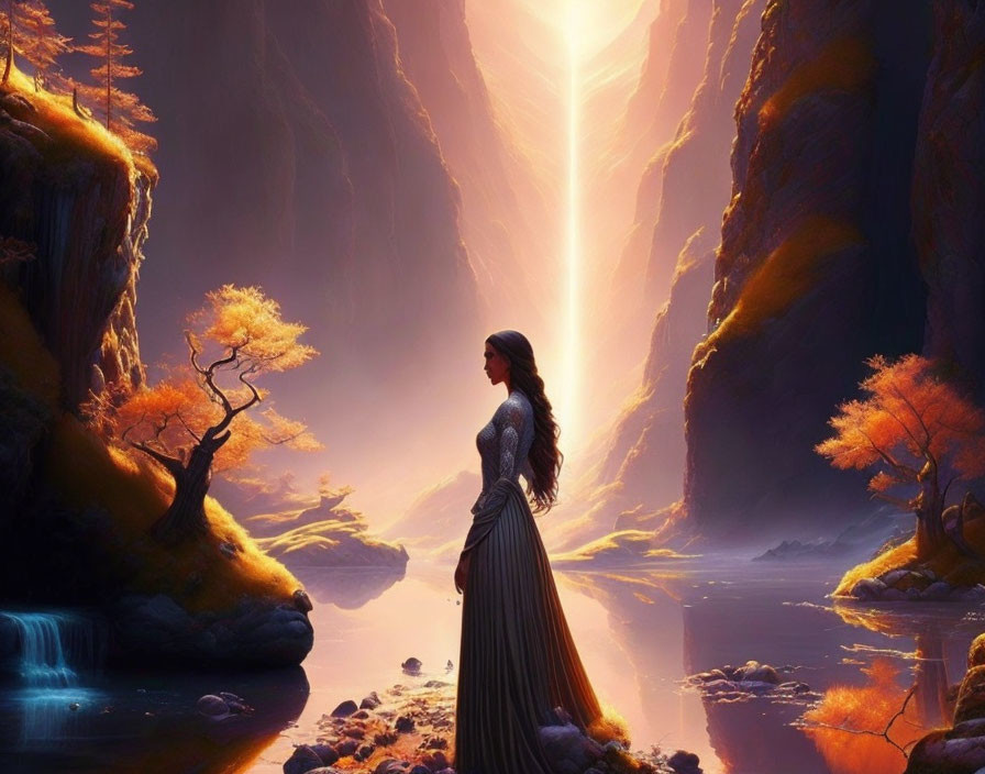 Woman in Long Dress by Serene River in Mystical Canyon with Autumnal Trees