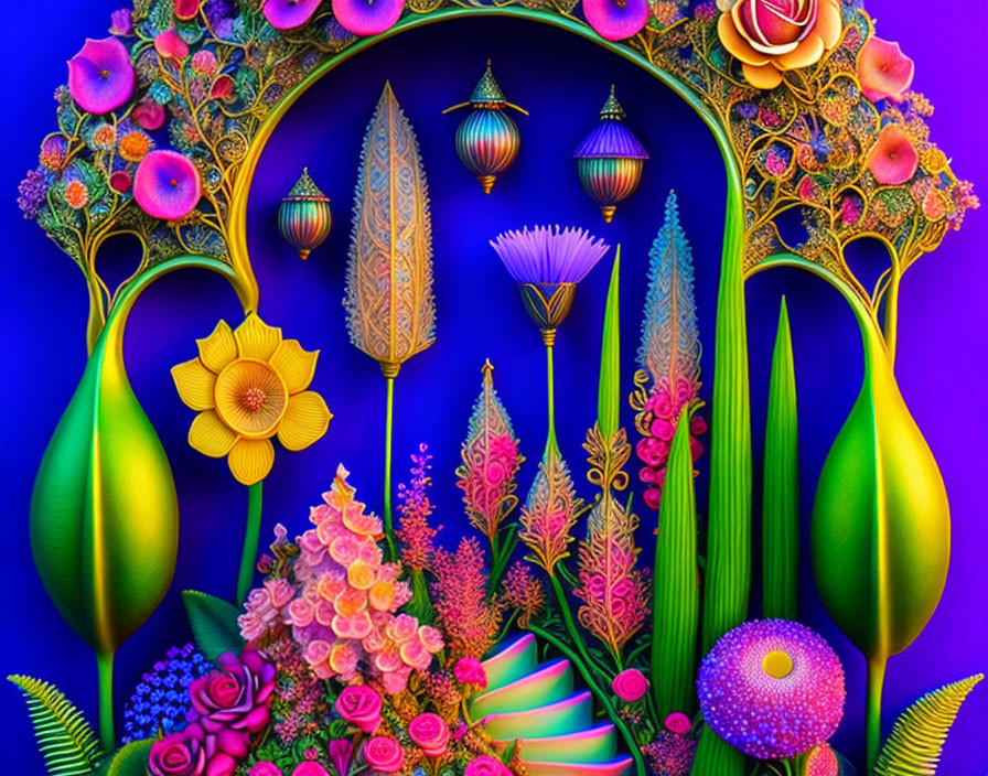 Colorful Stylized Flowers and Plants on Blue-Purple Background