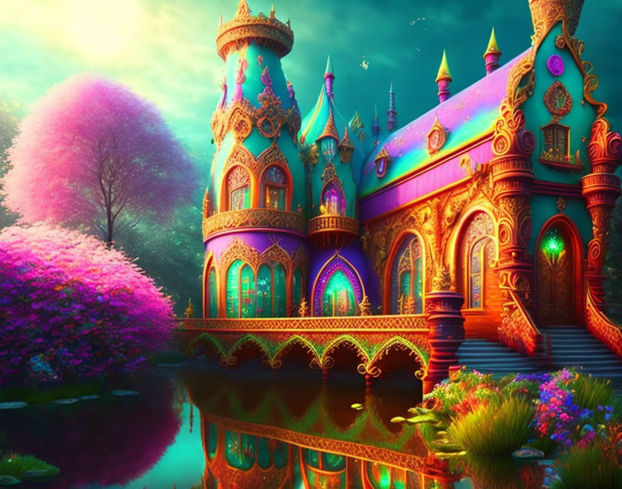 Colorful Fairy-Tale Castle Amid Vibrant Foliage and Serene Pond