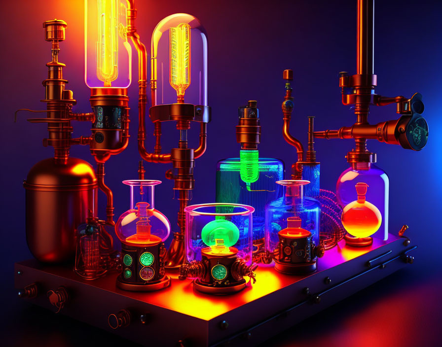 Vibrant chemistry lab setup with glowing liquids and glassware