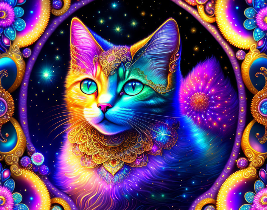 Colorful Stylized Ornate Cat with Blue Eyes and Glowing Patterns