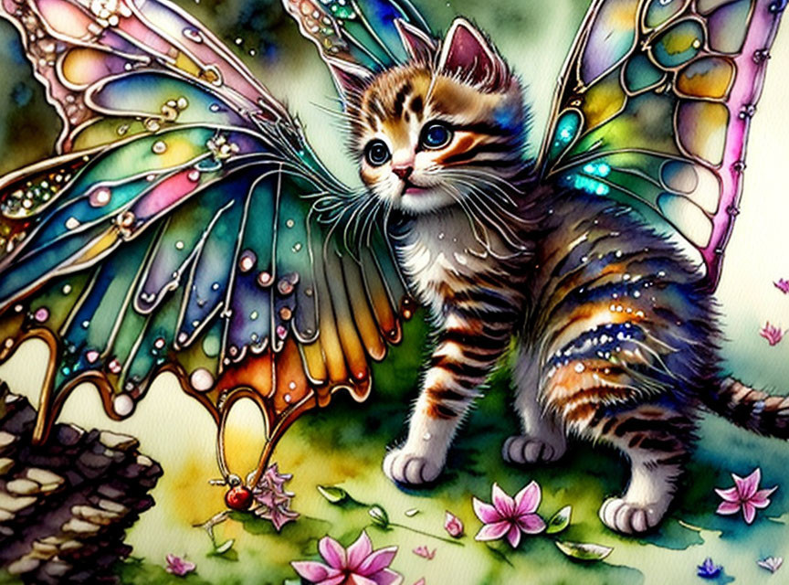 Colorful Whimsical Kitten with Butterfly Wings in Fantasy Garden