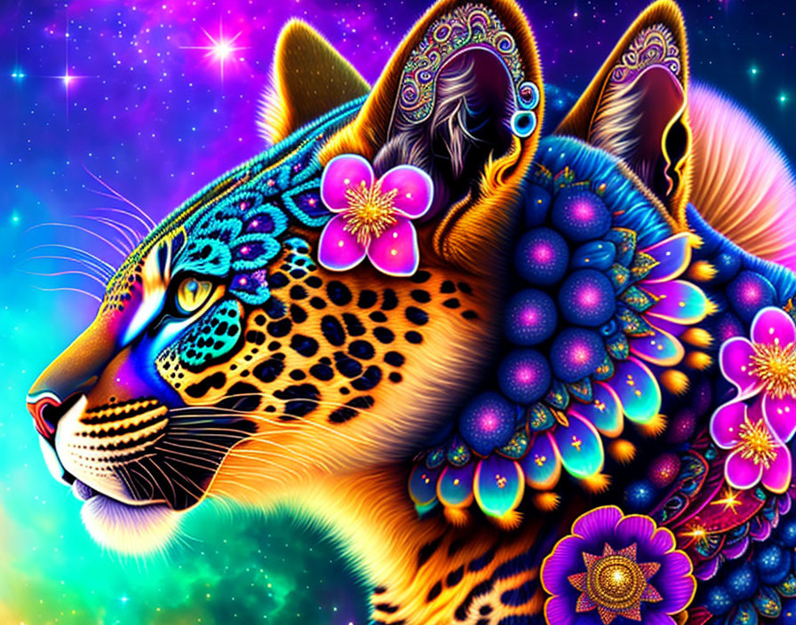 Psychedelic Leopard Profile with Floral Patterns