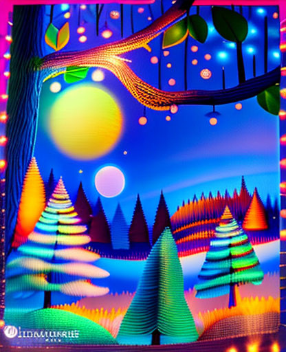 Vibrant Winter Landscape with Colorful Trees and Lights