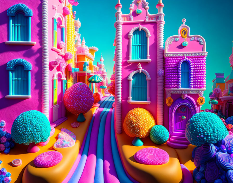 Vibrant CGI Street with Candy-Inspired Houses & Gumball Trees