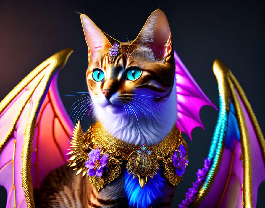 Fantastical winged cat with blue fur and jewelry on dark background