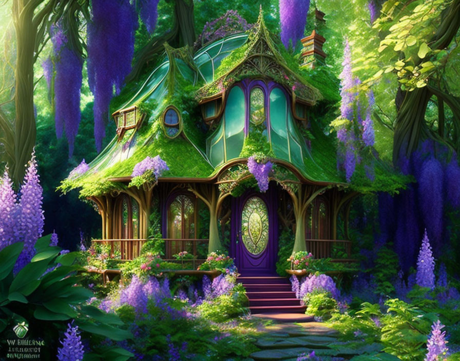 Forest house with vine-covered walls, stained glass window, and purple flowers