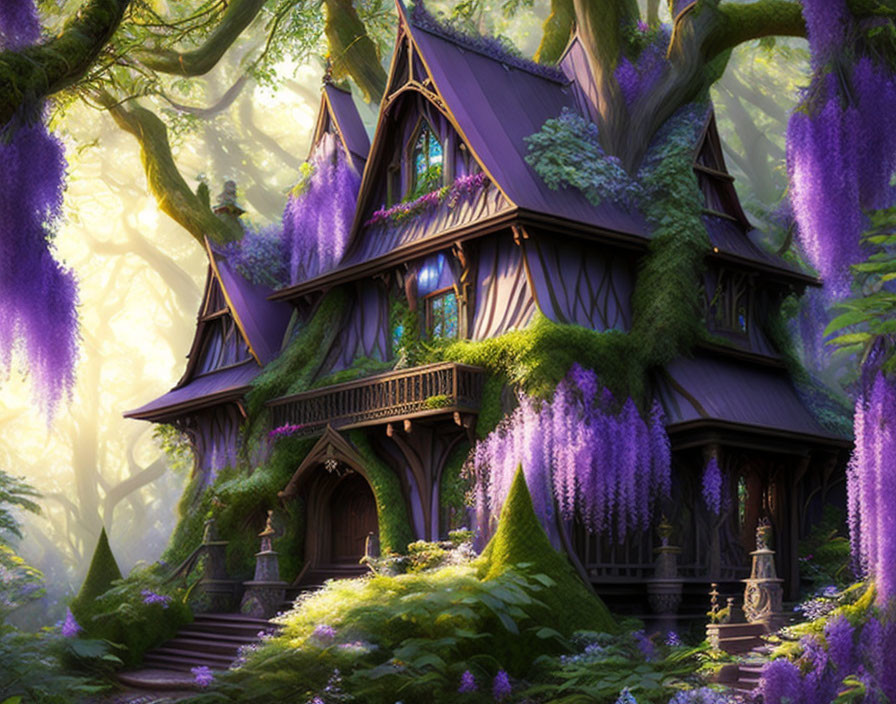 Enchanted forest treehouse with purple wisteria and mystical vibe