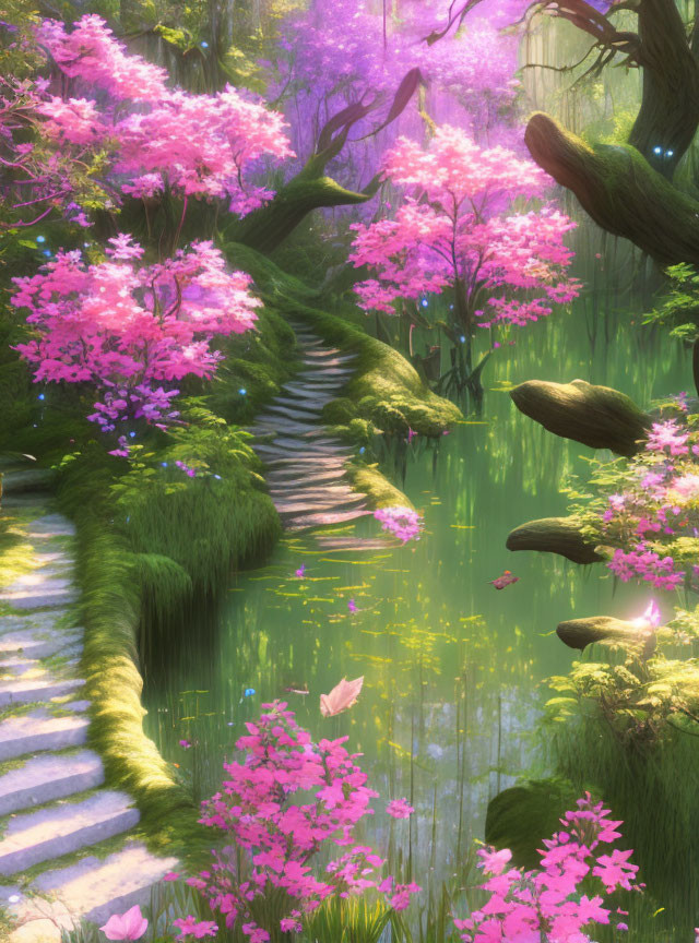 Enchanted Landscape with Pink Blossoms and Pond