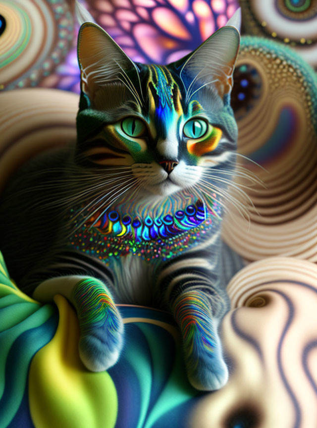 Vibrant Psychedelic Cat Artwork with Swirling Patterns