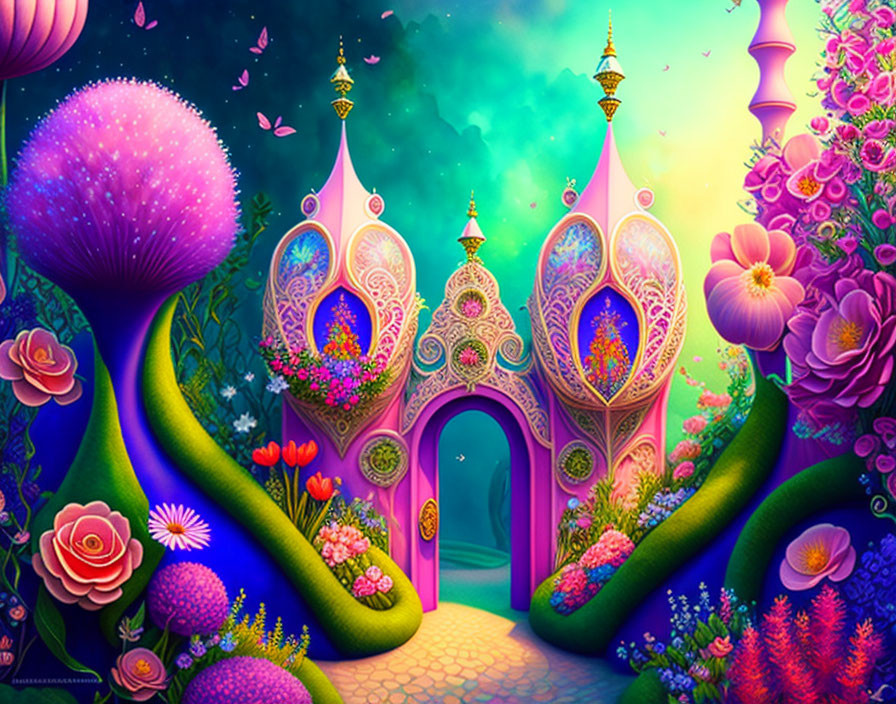 Colorful fantasy landscape with ornate gateway, whimsical towers, lush flora, and fluttering butterflies